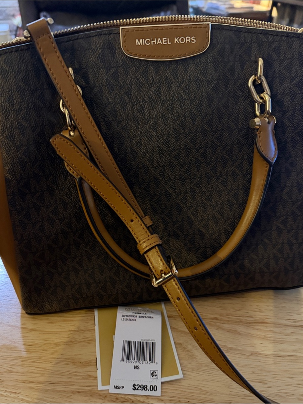 Michael Kors Dark Brown Logo Satchel with Tan Trim